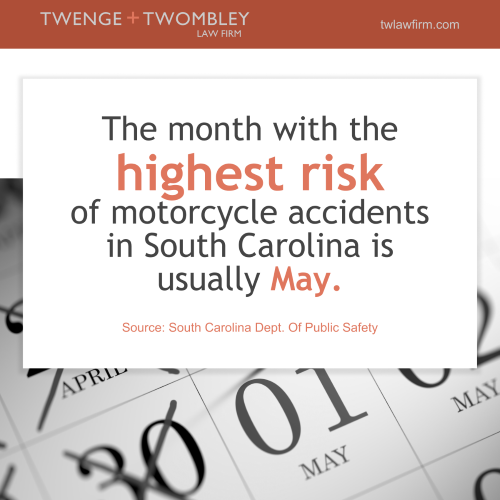 The month with the highest risk of motorcycle accidents in South Carolina is usually May. South Carolina Dept. Of Public Safety