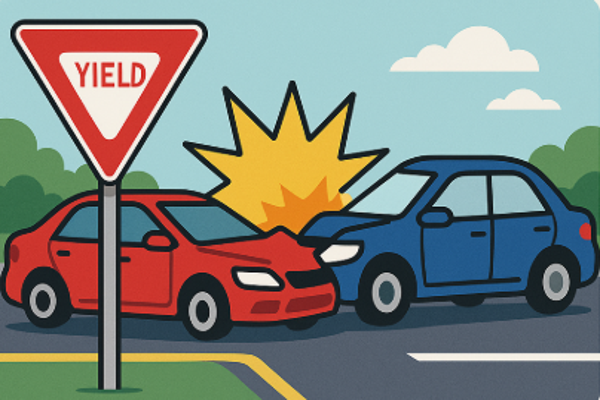 An illustration of a car accident between a red car and a blue car with a red "Yield" sign in the foreground.