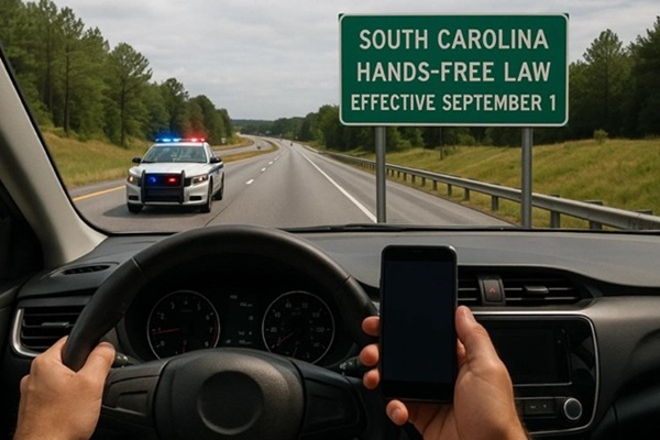 A driver holding a phone while driving past a road sign in South Carolina announcing a new hands-free law, with a police car approaching in the opposite lane.