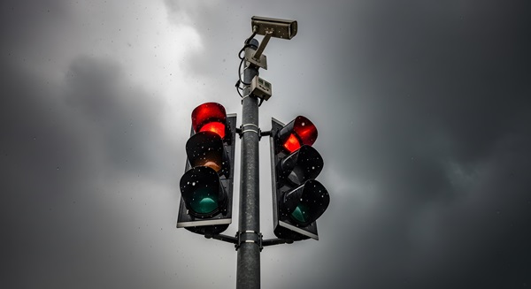 Traffic light showing red with a mounted surveillance camera against a dark, cloudy sky.