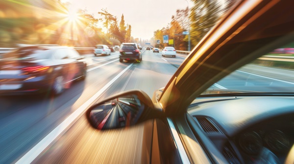 A fast, motion-blurred view from the driver's perspective on a busy multi-lane highway, with the sun glaring brightly through the windshield.