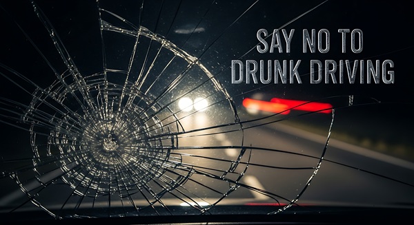 A view from inside a car through a shattered windshield at night, with oncoming headlights blurred in the distance and the text "SAY NO TO DRUNK DRIVING" in the upper right.