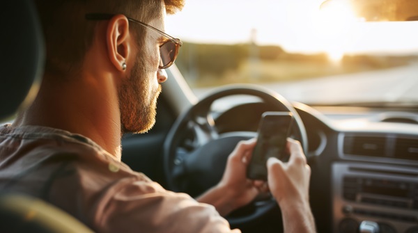 Driver using a smartphone while behind the wheel of a passenger vehicle, illustrating distracted driving and hands-free law violations