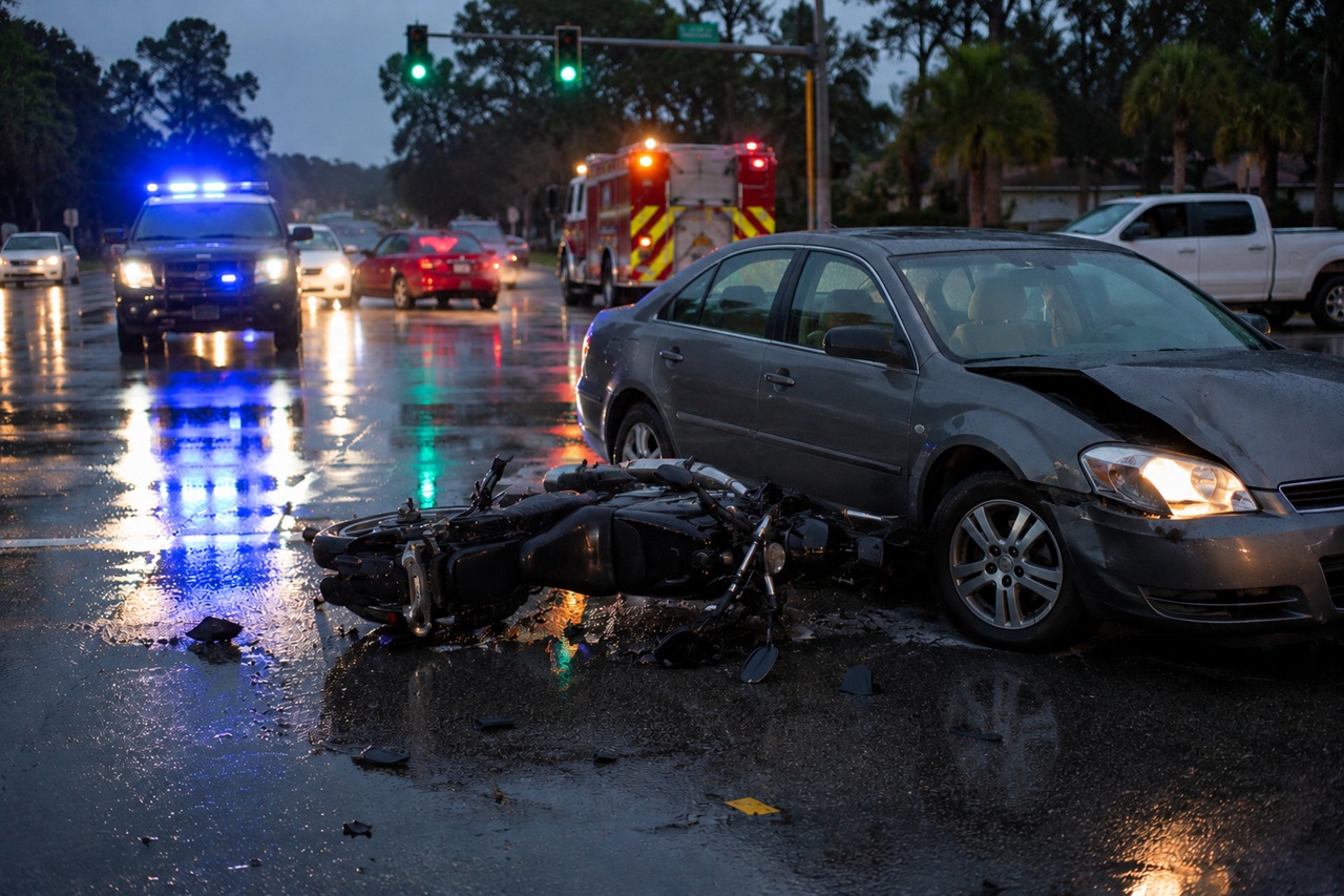 In South Carolina, a motorcycle lies on its side on a wet asphalt road at dusk, pinned against the crumpled front bumper of a grey sedan. In the background, a police car with flashing blue lights and a fire truck with amber lights respond to the scene amid oncoming traffic.