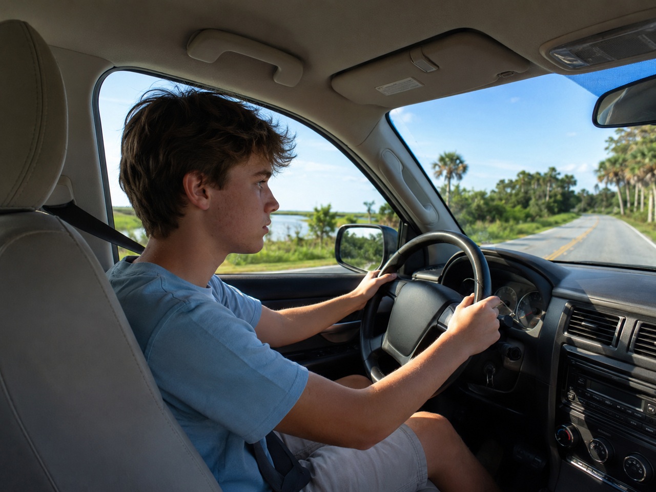 An interior profile view of a teenage boy with brown hair driving a vehicle with both hands on the steering wheel, navigating a two-lane road in South Carolina lined with palm trees and a waterway on a sunny day.