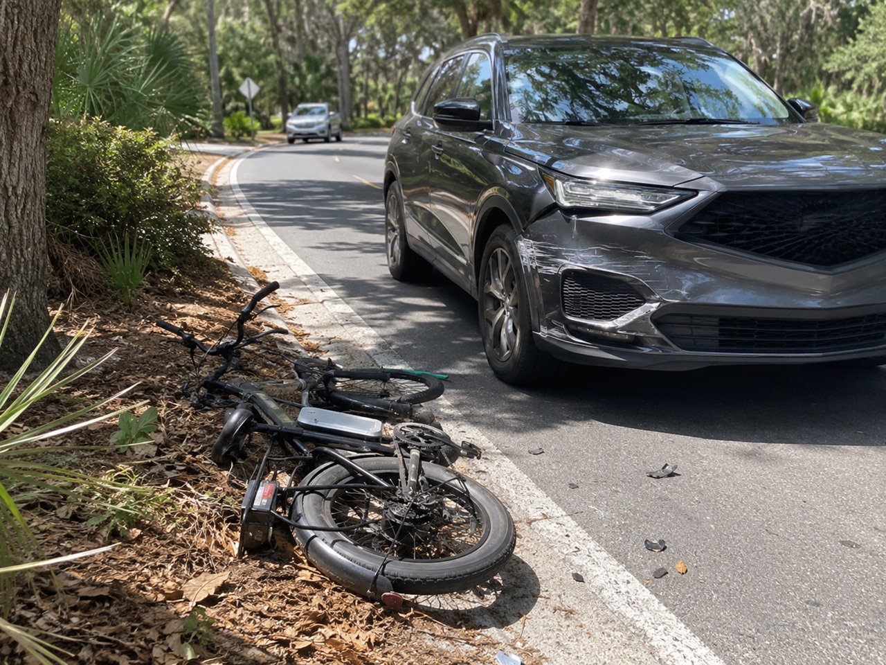 A mangled e-bike lies in the roadside brush next to a gray SUV with front-end damage on a tree-lined South Carolina road, depicting the aftermath of a collision between a motor vehicle and an electric bicycle that may give rise to a personal injury lawsuit.