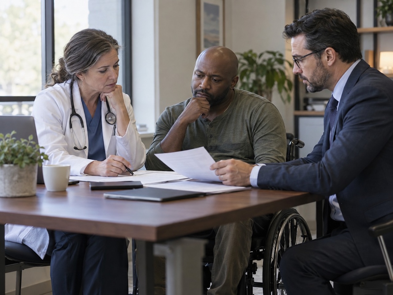 Doctor and financial planner reviewing paperwork with a patient in a wheelchair at a table in soft natural light.