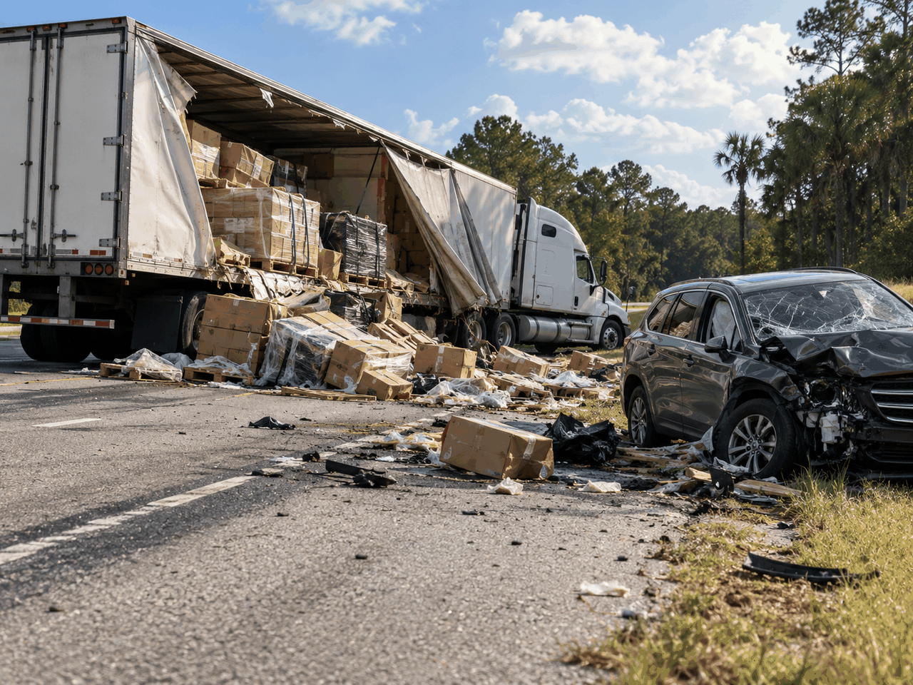 Semi-truck accident with improperly loaded cargo spilled across a South Carolina highway beside a damaged SUV.